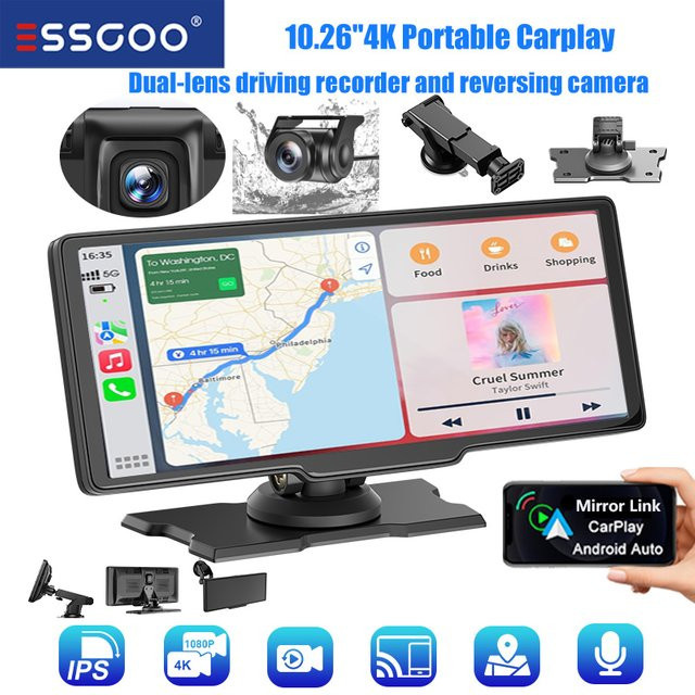 ESSGOO Tragbarer Fahrrekorder mit 10.26 Zoll 4K Display, CarPlay, Android Auto, Doppellinse und Rückfahrkamera, Schwarz - Bild 1