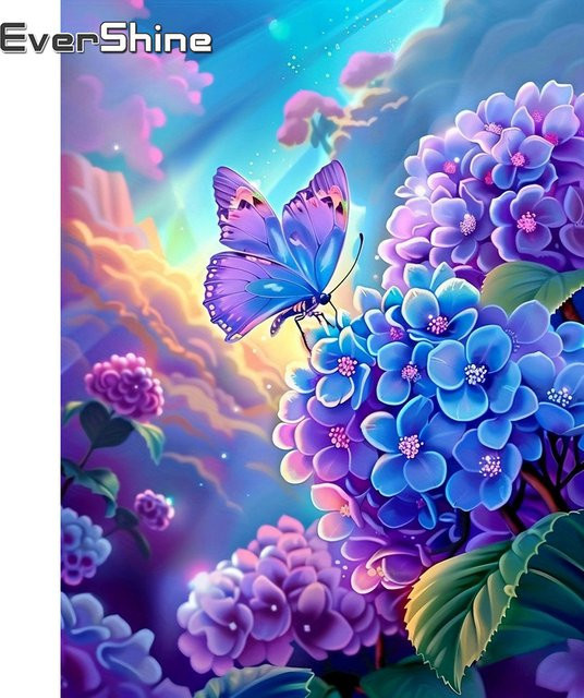 EverShine Diamant-Mosaik Blumenbild Hortensien und Schmetterling, handgemachtes Strass-Bild in Mehrfarbig, B/H: 30 x 30 cm - Bild 1