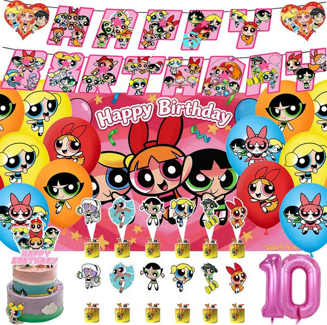 Beast Kingdom Powerpuff Girls Geburtstagsparty Dekorations-Set in Mehrfarbig mit Hintergrund-Ballon-Set, Tortendekoration und Kulisse - Bild 1