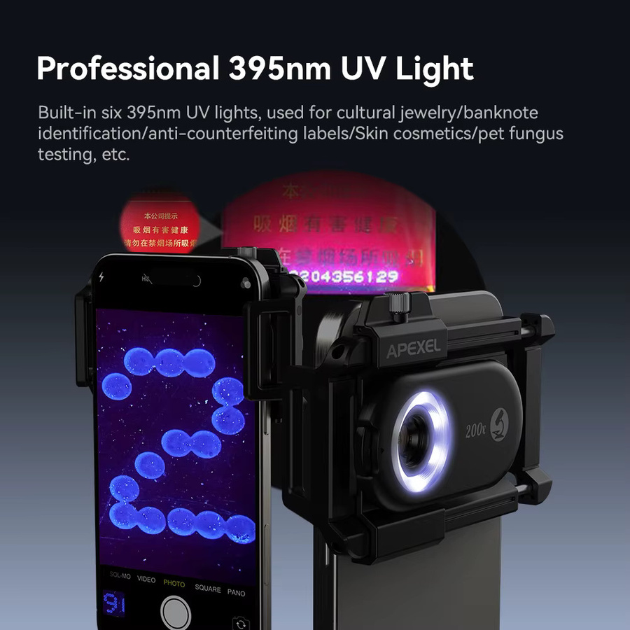 APEXEL 3-in-1 Makro-Objektiv-Set für Smartphones mit 100X-200X Mikroskop-Vergrößerung und LED-Licht in Schwarz - Bild 3