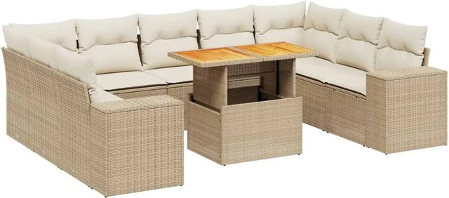 vidaXL 10-tlg Garten-Sofagarnitur L-Form aus Poly-Rattan und Akazienholz in Beige mit Kissen - Bild 1