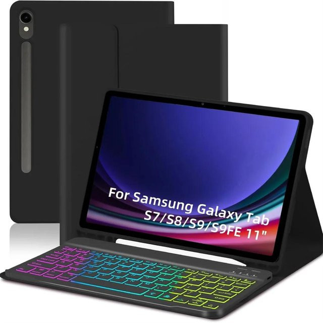 Kabellose abnehmbare Tastaturhülle mit Hintergrundbeleuchtung für Samsung Galaxy Tab S7, S8, S9, S9 FE und S6 Lite in Schwarz - Bild 1