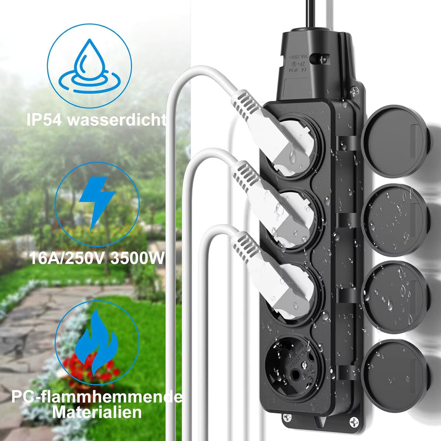 CILIA 3/4-Wege Outdoor Steckdose mit Regenschutzabdeckung, wasserdichte kabellose Erweiterungssteckdose IP54, 16A 3500W, Schwarz - Bild 2