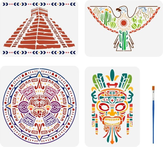4er-Set Azteken-Muster-Schablonen mit Pinsel, 4 verschiedene Stammes-Stile aus wiederverwendbarem PET für Vogel-Dekorationen - Bild 1