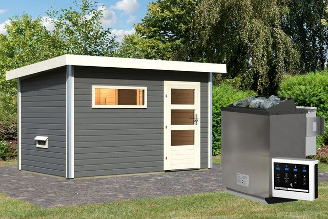 Saunahaus SKROLLAN 1 mit Vorraum in Terragrau inklusive 9.0 kW BioKombiofen, Steuergerät und ISOGlas Klarglas, B/T/H: 337 x 196 cm - Bild 1