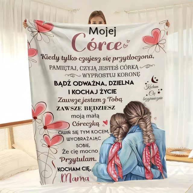 Personalisierte Decke mit polnischem Zitat für Deine Tochter in Weiß mit floralem Design und Damen-Motiv - Bild 1