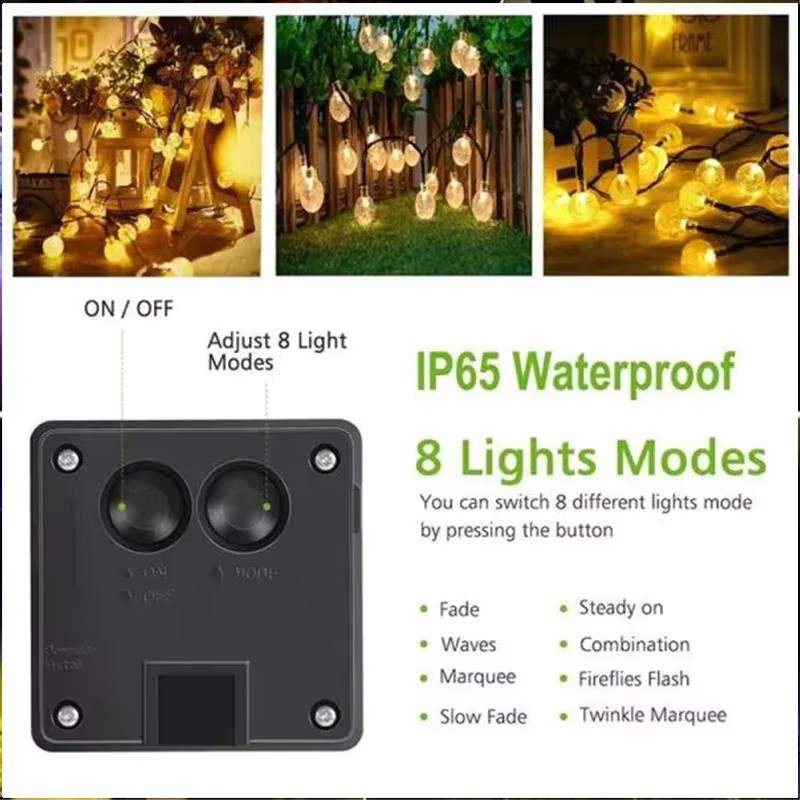 Solar LED Lichterkette Outdoor mit Kristall-Kugeln in Transparent, Wasserdichte Solar-Lichterkette für Garten, Terrasse und Party mit 8 Modi - Bild 5