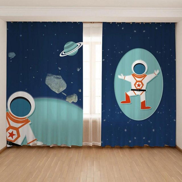 Verdunkelungsvorhang mit Cartoon-Weltraumrakete und Astronaut für das Kinderzimmer, Blau, Breite: 55 cm, Höhe: 120 cm - Bild 1