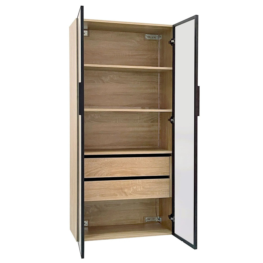 okwish Badezimmerschrank 2er Set in Beige mit Lichtleiste, Glastüren, 2 Schubladen und 2 Türen, B/T/H: 74 x 36 x 155 cm - Bild 2