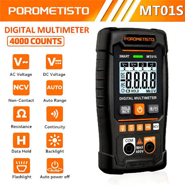 POROMETISTO MT01S Digitalmultimeter mit 4000 Zählungen, Auto-Range-Multitester für 0,8–600 V AC/DC-Spannung, Ohm und NCV-Kontinuitätstester - Bild 1