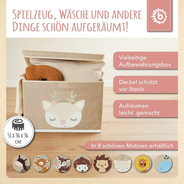 Bieco Aufbewahrungsbox mit Deckel und Griffen Reh Ella in Beige und Braun, Stoff, B/T/H: 36,0 x 51,0 x 65,0 cm - Bild 1