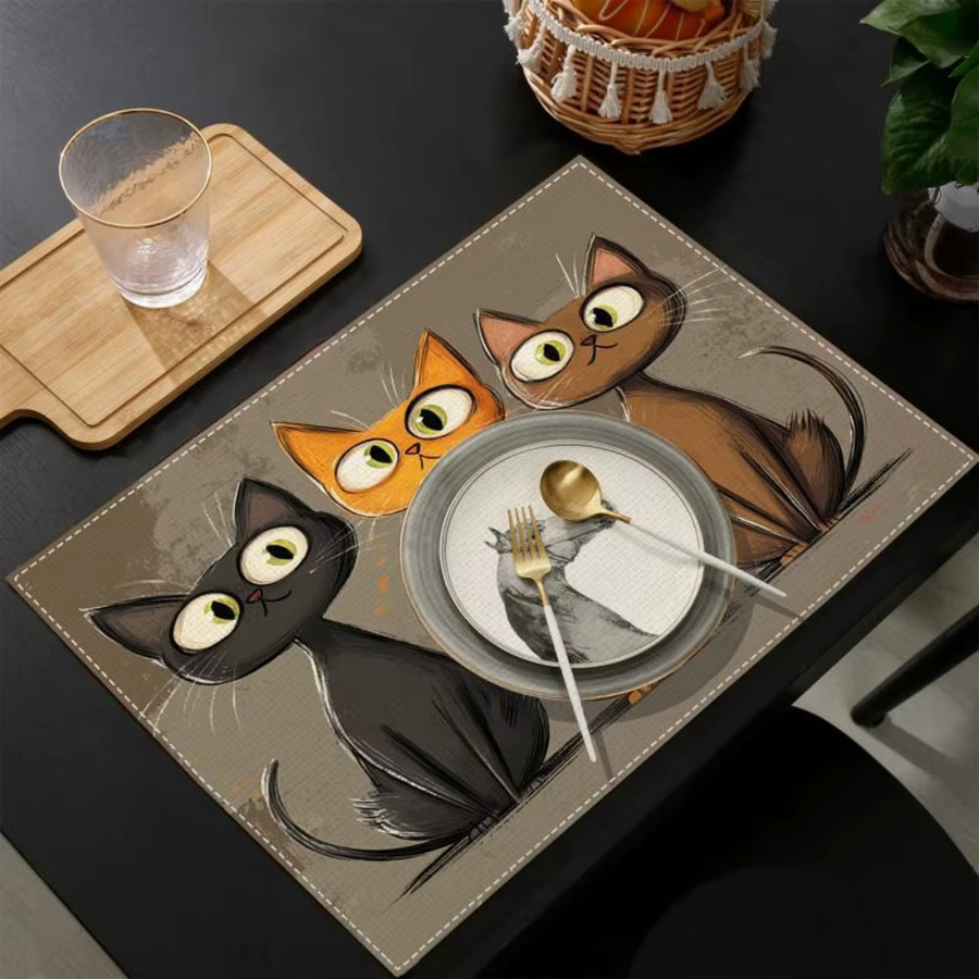 VIKAMA 4-teiliges Tischset-Set aus Baumwolle mit Katzenmuster, rutschfest und waschbar - Bild 2