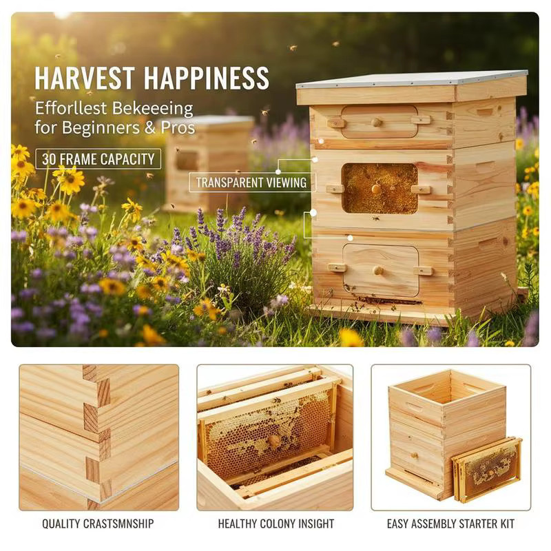 Fenê Langstroth Bienenstock-Set aus Fichtenholz mit 30 Rähmchen und Bienenwachs-Beschichtung, Farbe: Braun/Grün - Bild 5