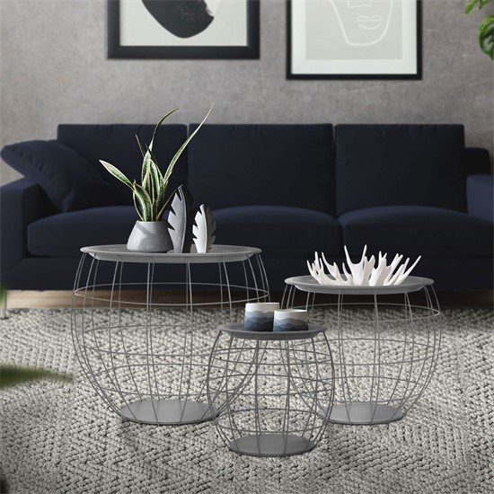 ML-Design Beistelltisch 3er Set Grau aus Metall mit runden Ablagen - Bild 1