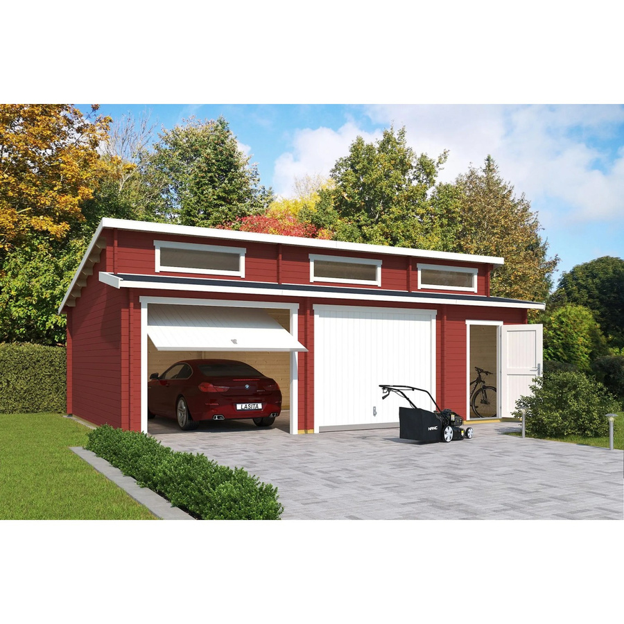 Blockgarage LASITA MAJA Hawaii mit Schwingtoren und separatem Abstellraum in Grau und Schwedenrot, B/T: 820 x 579,6 cm - Bild 3