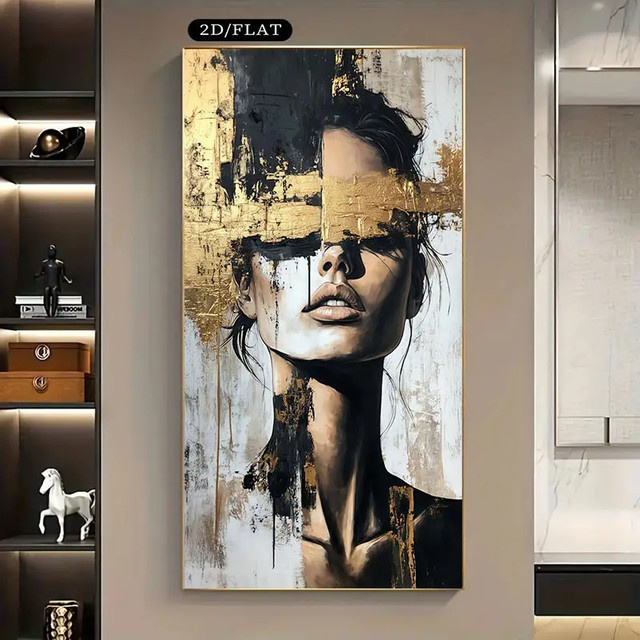 Moderne abstrakte Leinwandkunst mit Frauen-Gesicht als Wandbild in Schwarz-Weiß-Gold, rechteckige Leinwand ohne Rahmen - Bild 1