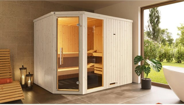 Weka Elementsauna Varberg 4 aus Fichtenholz in Braun, B/H/T: 244 x 199 x 194 cm - Bild 1