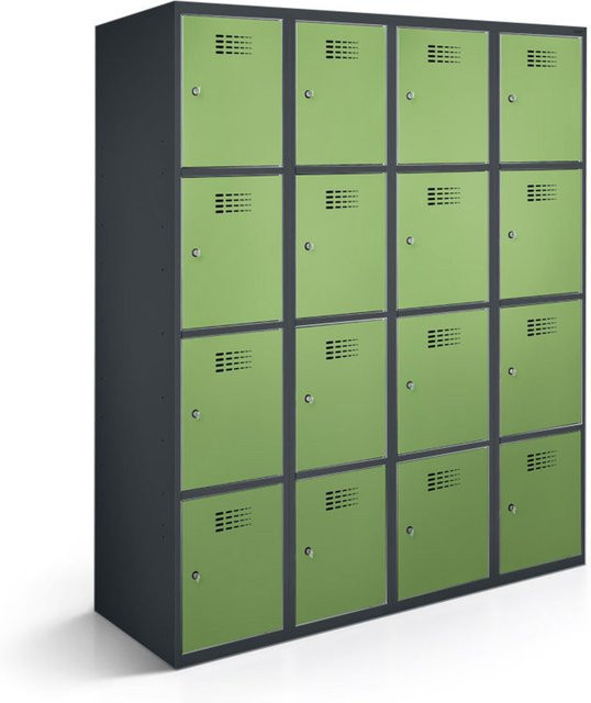 rotstahl Fächerschrank mit 16 Fächern in Hellgrün und anthrazitgrauem Korpus, B/T/H: 120 x 50 x 180 cm - Bild 1