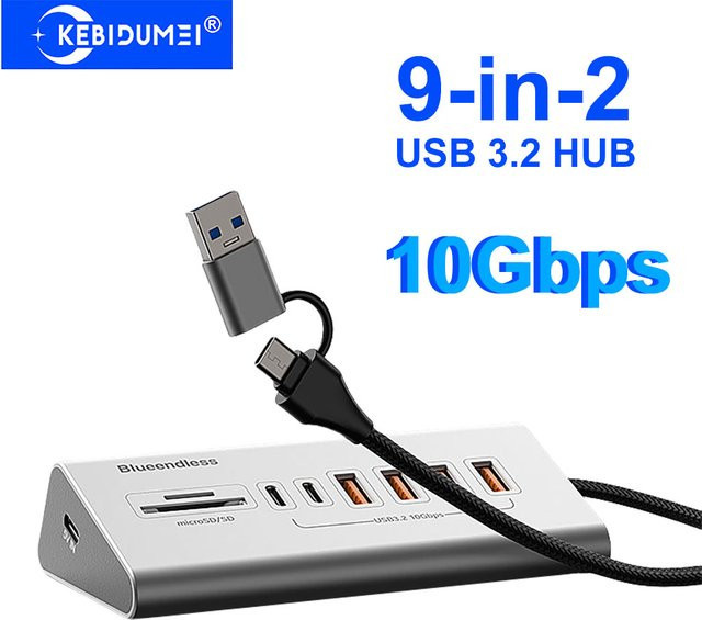 kebidumei USB-C Docking Station Hub aus Aluminium Legierung in Silber mit 8/9 Ports, USB 3.2 10 Gbit/s und Kartenleser für PC und Laptop - Bild 1