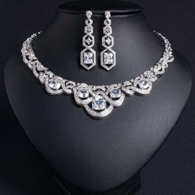 YIRAN Schmuck-Set Halskette, Ohrring, Kupfer, Zirkonia, gray, Damen - Bild 1