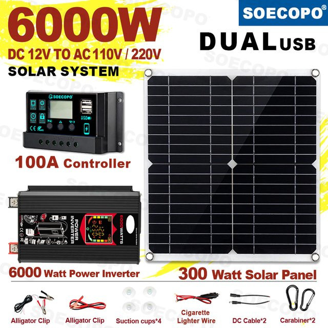SOECOPO Solarsystem mit 6000W Inverter, 100A MPPT Controller und 300W Panel in Schwarz für Home, RV und Camping - Bild 1