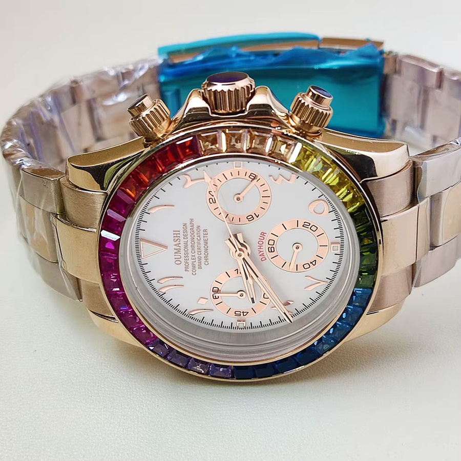 OUMASHI Chronograph, Edelstahl, Roségold, Regenbogenlünette, 39,3 mm, Herren - Bild 3