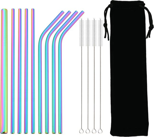 Wiederverwendbares Strohhalm-Set von Snplowum aus Edelstahl 304 in Bunt und Silber, gerade Form mit Etui und Reinigungsbürste - Bild 1
