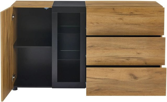 okwish Sideboard mit 3 Schubladen und Glas Stauraum für dein Wohnzimmer in Natur, B/T/H: 140 x 40 x 80 cm - Bild 1