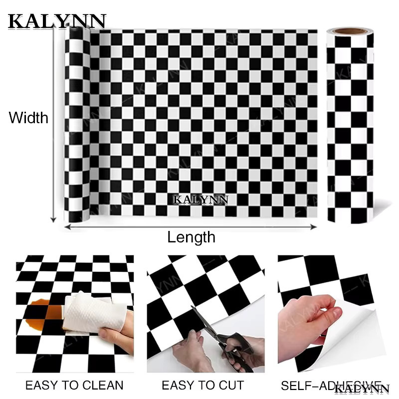 KALYNN Kontaktpapier Karo Schwarz-Weiß, selbstklebende Vinyl Tapete, wasserfest und dekorativ - Bild 2