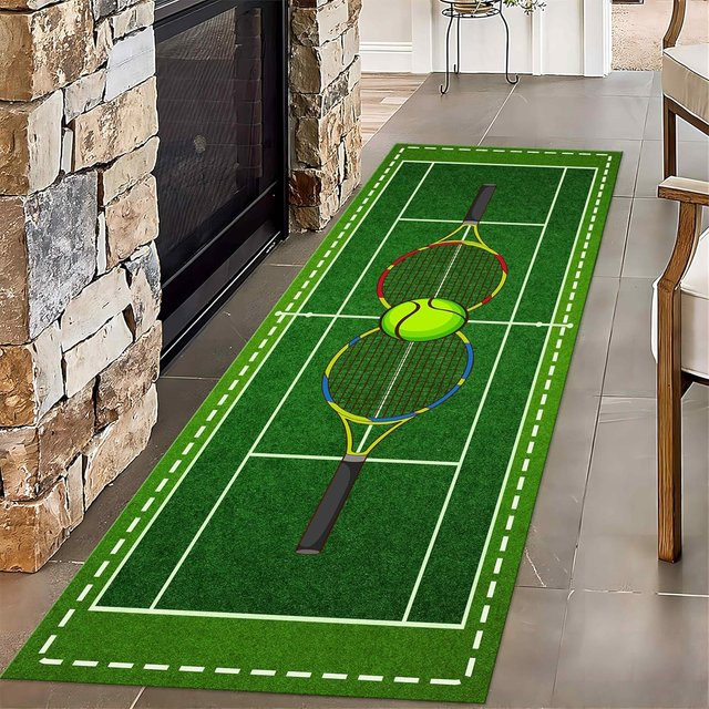 Lodestar Läuferteppich Tennisplatz Muster in Grün, Saugfähige und Rutschfeste Matte aus Polyester, B/T: 40 x 120 cm - Bild 1