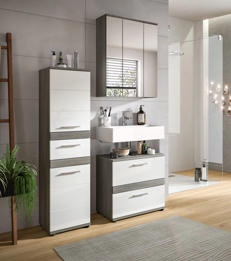 Inn.Furn Badmöbel Set Bailey 3-teilig in Weiß Hochglanz und Grau mit Waschtischunterschrank, Spiegelschrank und Seitenschrank, Breite: 110 cm - Bild 2