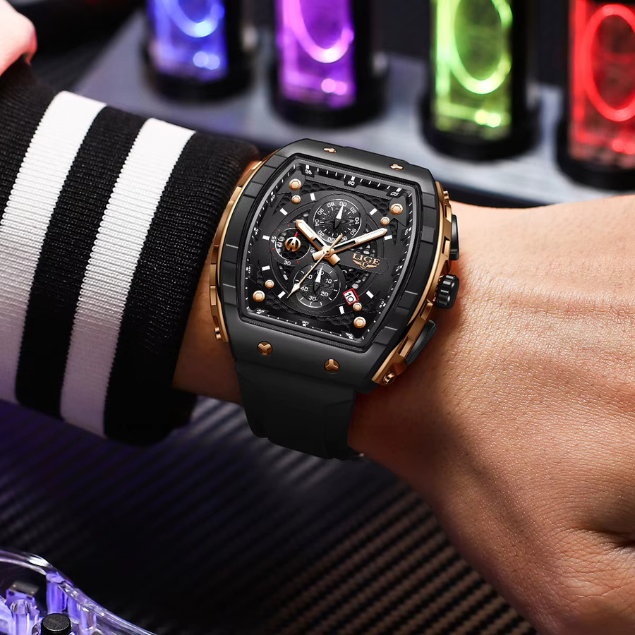 LIGE Chronograph, Quarz, eckig, Schwarz, Kautschuk, Herren - Bild 6