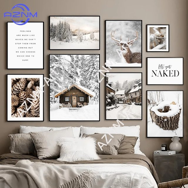 AZNM Leinwandgemälde im minimalistischen nordischen Stil mit Hirsch und Winterlandschaft, Mehrfarbig - Bild 1