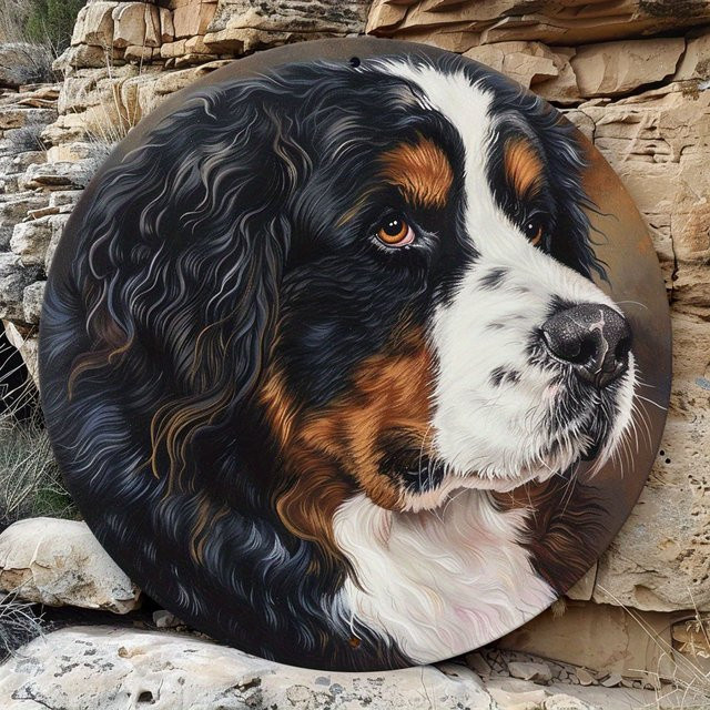 Potdemiel Runde Aluminium-Wandkunst Berner Sennenhund Illustration im Landhausstil, Mehrfarbig - Bild 1
