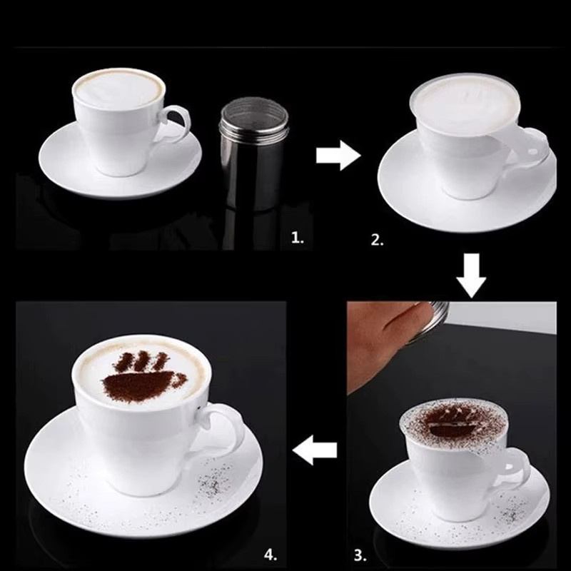 Edelstahl Schokoladen-Shaker und 16er Set Kaffee-Schablonen in Silber für Kakao, Mehl und Kaffee - Bild 5