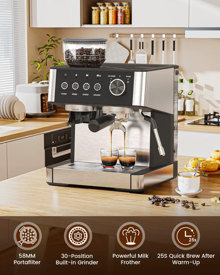 Acekool Espressomaschine mit integriertem Mahlwerk, 15 Bar Druck, 58 mm Siebträger, Dampfdüse und 2,3 l Wassertank, Schwarz-Silber - Bild 2