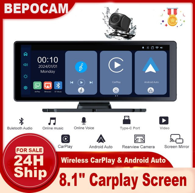 BEPOCAM 8,1 Zoll Carplay Bildschirm für Auto mit Android Auto, Bluetooth, AUX und FM, Multimedia Video Player in Schwarz - Bild 1