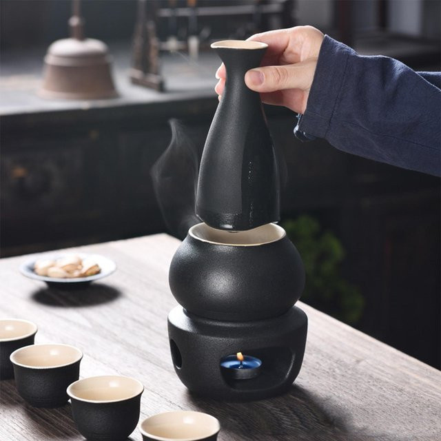 Kesoto Sake-Trinkset aus Keramik in Schwarz mit Krug, Tassen, Wärmer und Schale - Bild 1