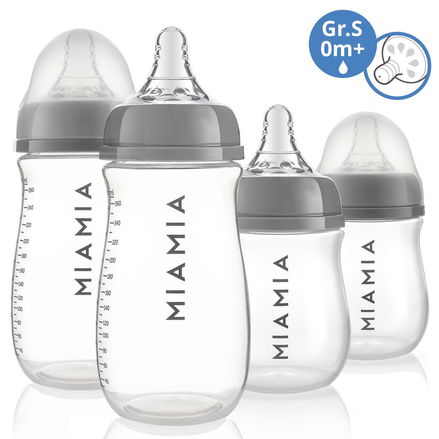 MiaMia PP-Flaschen Set 4er Pack in Grau mit Silikon-Trinksauger Gr. S, Weitöffnung, Anti-Kolik-Ventil und Messskala - Bild 1