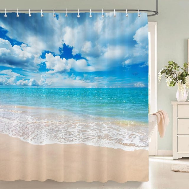 Wasserfester Duschvorhang mit 3D Strand Landschaft Design von Baifenbai Home Furnishing in Blau, B/H: 180 x 240 cm - Bild 1