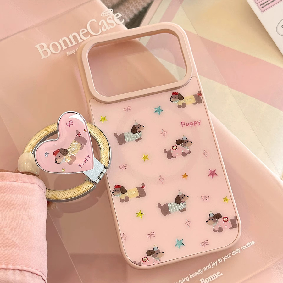 Rosa Faltbare Handyhülle mit Koreanischem Liebesherz und Cartoon Dackel für Apple iPhone 17 Air 16 15 14 13 Pro Max mit Magnetischer Halterung und Stoßfestem Schutz - Bild 4