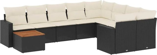 vidaXL 10-teilige Garten-Sofagarnitur in L-Form aus Polyrattan und Akazienholz mit Kissen in Schwarz-Creme - Bild 1