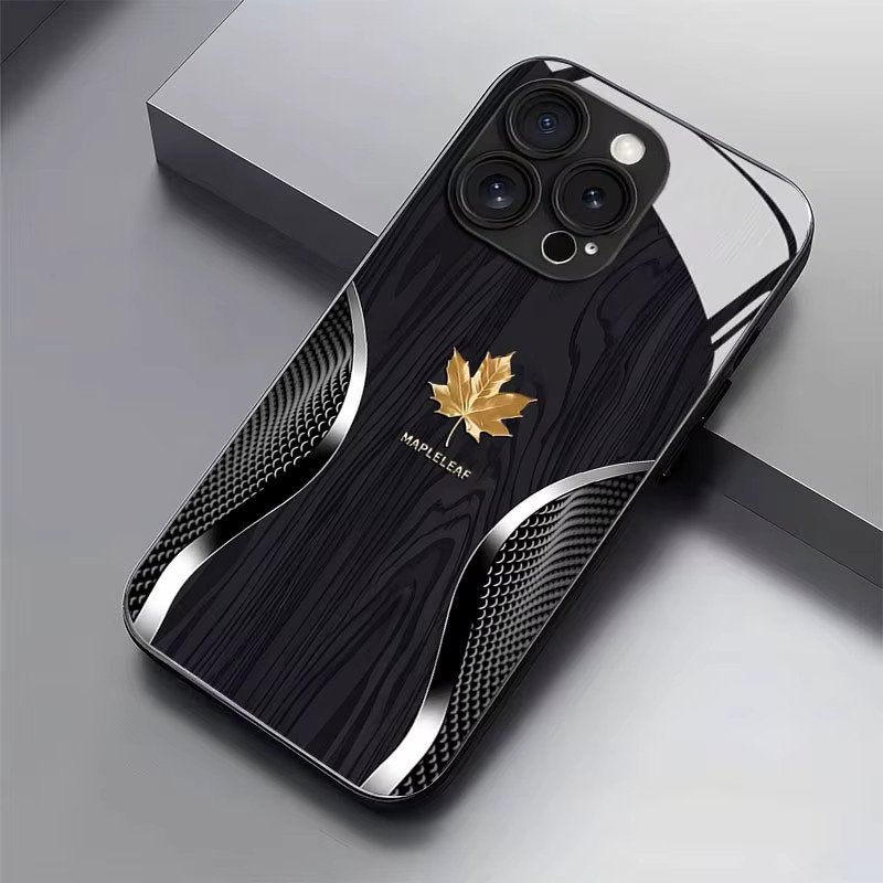 HEIßER Luxus Handyhülle mit Ahornblatt-Holzmaserung und Curved-Glas für Samsung Galaxy A04 A05 A06 A15 A16 A24 A26 A34 A36 A54 A55 A56 (4G/5G), Farbe: Schwarz - Bild 1