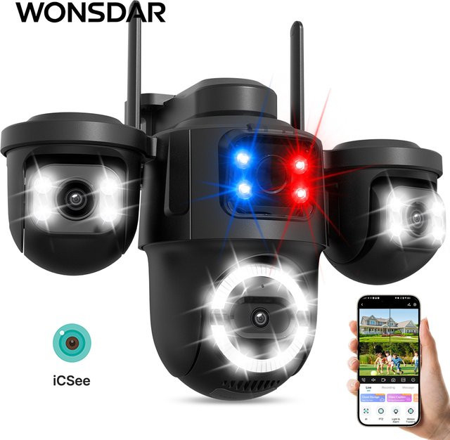 WONSDAR Outdoor WLAN-Kamera mit drei Objektiven, PTZ IP-Kamera mit KI-gestützter automatischer Personenverfolgung und ICSee APP, Schwarz - Bild 1