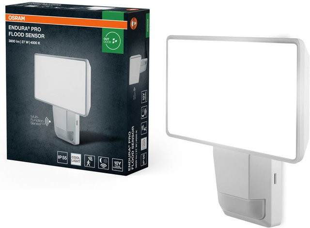 Osram LED-Flutlichtstrahler in Weiß mit Bewegungsmelder und Dämmerungssensor, 27W, 3000lm, IP55, schwenkbar für Außenbereiche - Bild 1