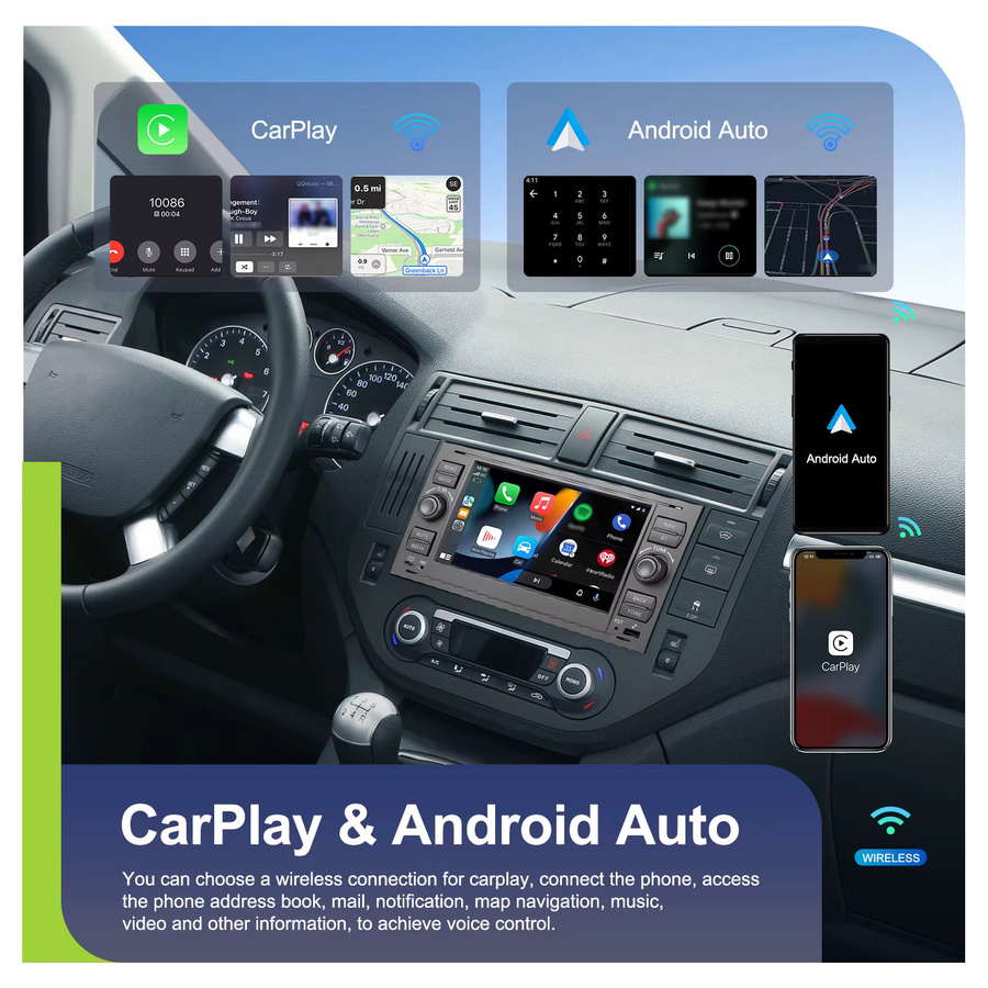 Camecho Auto Radio mit 4 GB RAM und 64 GB Speicher für Ford Focus 2, Mondeo, S-Max, C-Max, Kuga, Fiesta und Fusion in Schwarz mit drahtlosem CarPlay und Android Auto - Bild 2