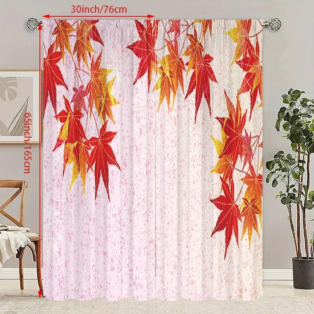 2er-Set bedruckte Vorhänge mit Herbstahornblatt Motiv in Weiß und Multicolour aus Polyester, B: 60 cm, H: 150 cm - Bild 1