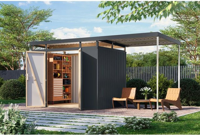 Karibu Metallgerätehaus Argos 3 mit Anbaudach in Anthrazit - Bild 1