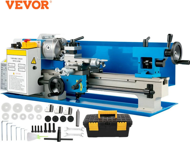 VEVOR Metall-Minidrehmaschine 550W in Blau mit variabler Geschwindigkeit und 3-Backenfutter, B/T/H: 35,0 x 18,0 x 18,0 cm - Bild 1