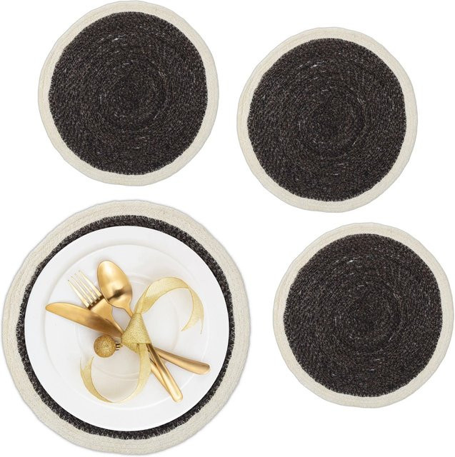 Relaxdays Tischsets 4er Set aus Seegras in Schwarz und Creme, rund, Durchmesser: 37 cm - Bild 1